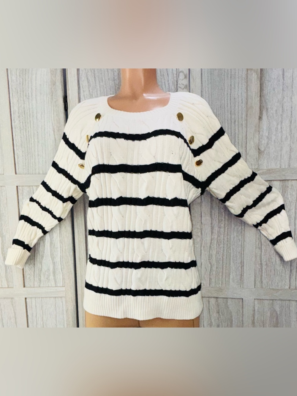 CABLE KNIT CREWNECK SWEATER - BRETON STRIPE - Picture 5 of 13
